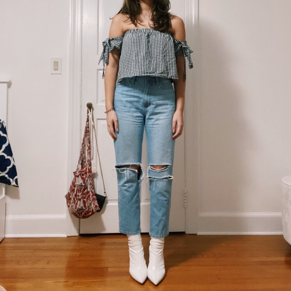 gingham off the shoulder tie sleeve top